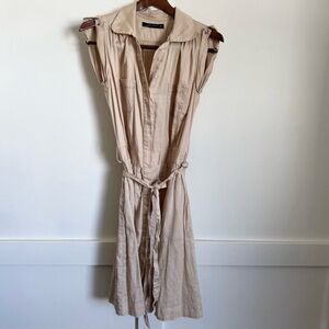Zara Safari Style Dress W M Tan button up belted collared cap sleeve rare style